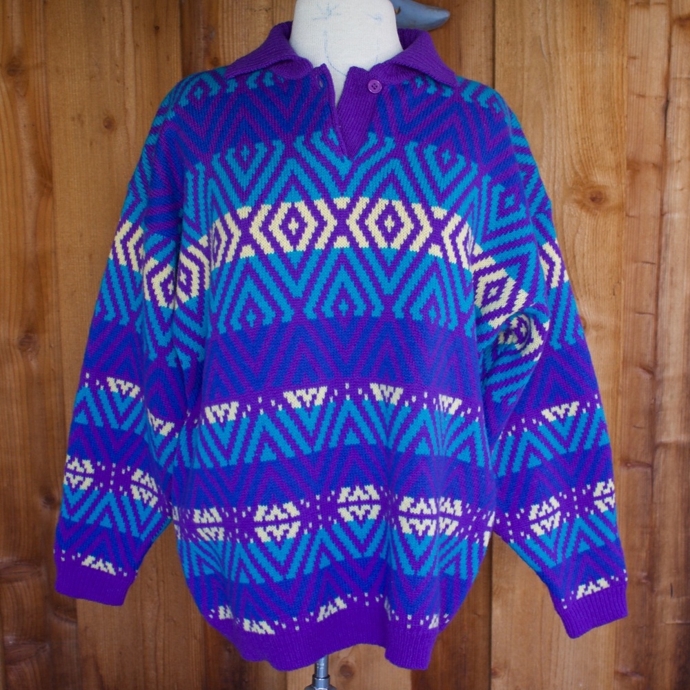 Vintage 80's Brass Plum Nordstrom 100% Wool Knitted Neon Diamond Sweater Size L